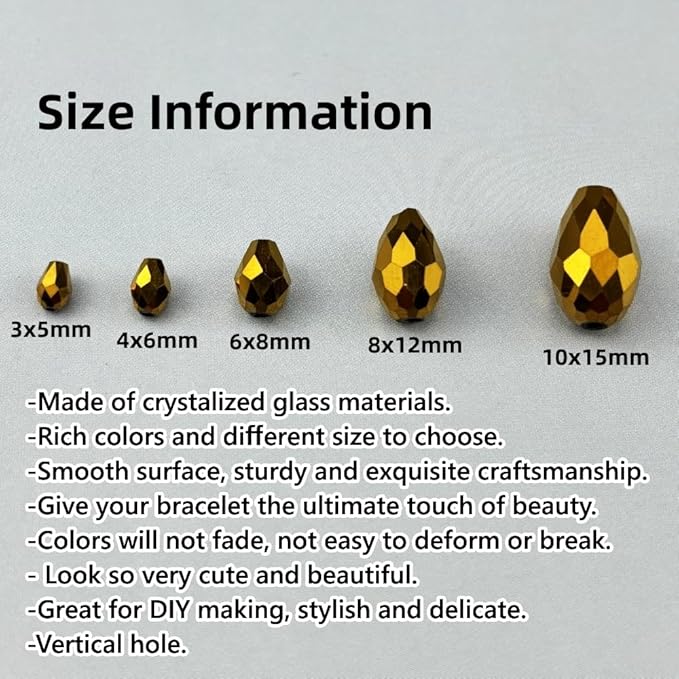 100pcs 8x12mm Teardrop Crystal Glass Beads for Jewelry Making, Faceted Vertical Hole Teardrop Glass Spacer Beads for Wind Chimes Bracelet Earring Necklace DIY Craft(Gold)