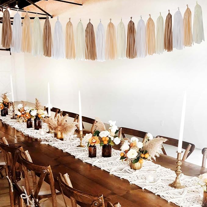 Boho Rainbow Baby-Shower Party-Decorations Tassel-Garland - 20pcs Neutral Birthday Wedding Bridal Tassels, White Brown Champagne Banner Streamers, Engagement Bachelorette Christmas Decor Panduola