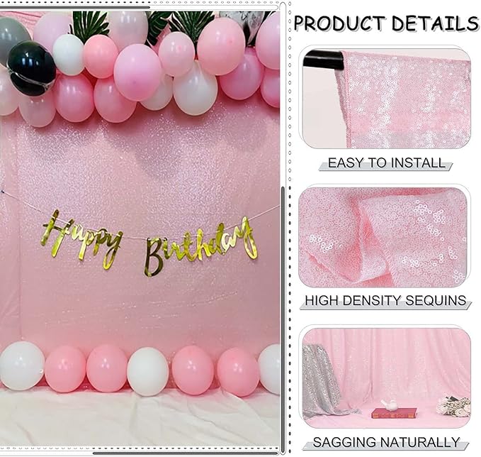 Pink Sequin Curtains 2FTx8FT 4 Panels Pink Sequin Backdrop Curtain for Parties Glitter Backdrop Photo Background for Wedding Baby Shower