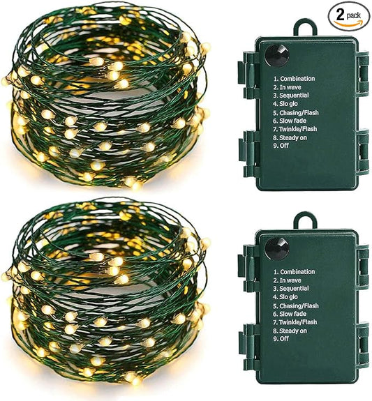 MASHANG Christmas Lights Battery String Lights 33FT 100 Micro LEDs Starry Lights Fairy Lights Firefly Lights with Dark Green Copper Wire for Christmas Tree, Wreath, DIY, Holiday(Warm White, 2 Pack)