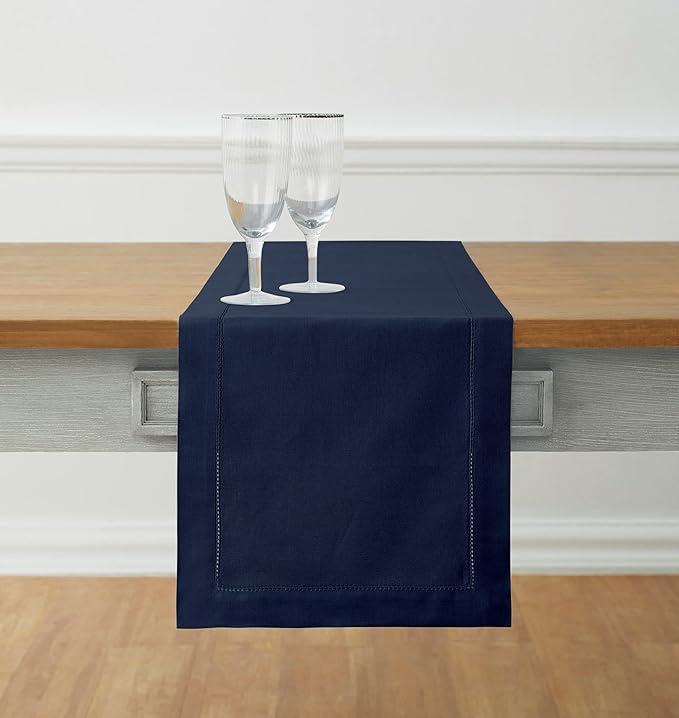 Solino Home Navy Blue Table Runner 132 Inches Long - Cotton Linen Hemstitch Extra Long Table Runner 14 x 132 Inch for Fall, Autumn, Thanksgiving, Christmas, Holiday