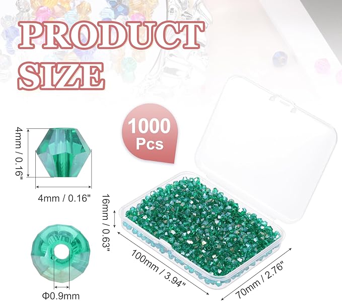PATIKIL 1000pcs 4mm Bicone Glass Crystal Beads, Faceted Glass Spacer Beads with Box for Jewelry Making Bracelet Necklace Earrings DIY Suncatcher Craft, Green AB