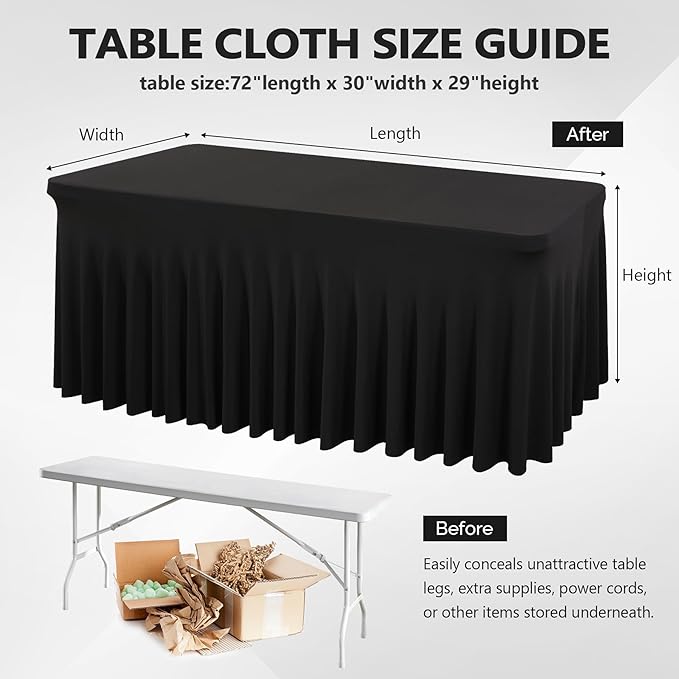 Wish Care 6 Pack Black Spandex Table Cloths for Rectangle Tables 6ft - One-Piece Wrinkle Free Fitted Table Cover 6 Foot Table Stretch Tablecloths for Party, Banquet, Wedding and Events