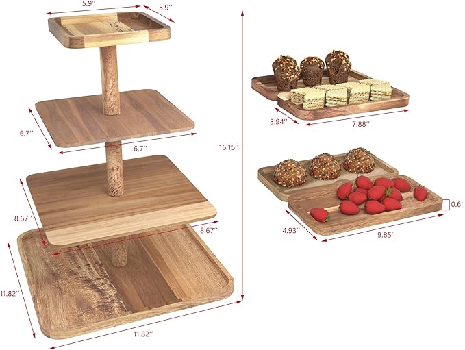Acacia Wood 4 Tier Cupcake Stand with 4 Removable Snack Tray, Rustic Square Cup Cake Tower Stand for 50 Cupcakes, Display Cakestand for Wedding, Birthday, Serving Tea Party, Natural