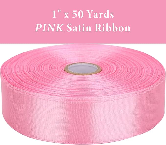 1" x 50 Yards Pink Satin Ribbon Single Faced Fabric Ribbons for Gift Wrapping, Crafting, Bows Making, Flower Bouquet, Wedding, Home Decor