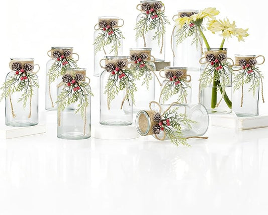 Set of 12 Xmas Decor Vases Christmas Centerpieces for Tables Farmhouse Holiday Table Decor Clear Glass Vases with Twine Ties for Christmas Decorations