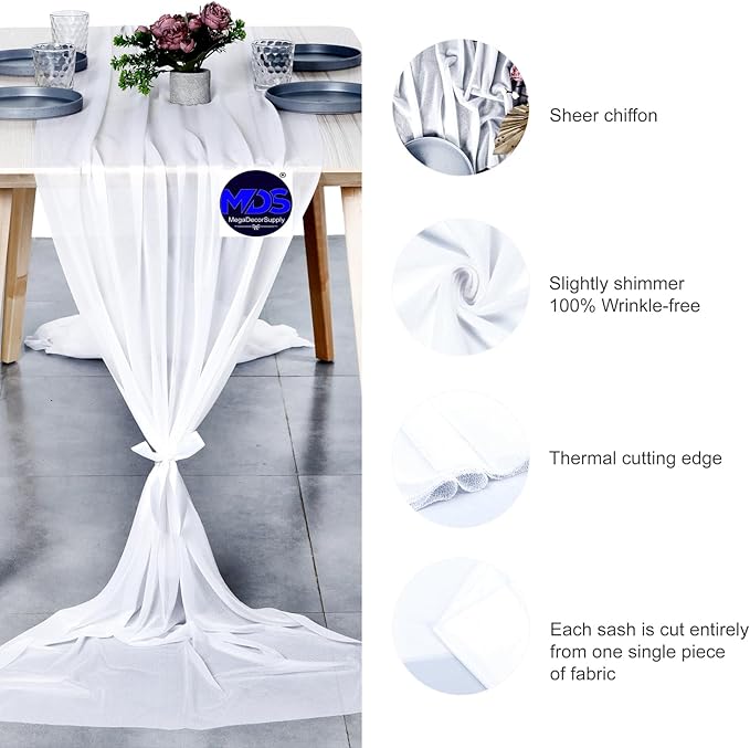 MDS 15 Pack 10ft Chiffon Table Runner 29 x 120 Inches Sheer Wedding Runner Romantic Rustic Table Runner for Wedding Decorations, Birthday Parties, Bridal Shower Party Arch Decor - White