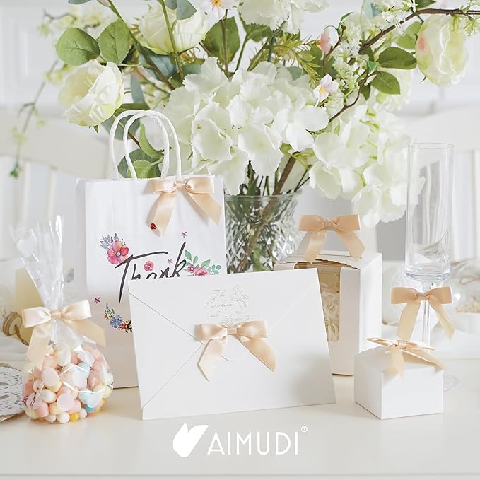 AIMUDI Small Champagne Christmas Bows 2.5" Premade Satin Ribbon Twist Tie Bows for Treat Bags Mini Bows for Christams Tree Ornaments Ribbon for Cake Pops Bows for Wedding Decor Gift Wrap- 50 Counts