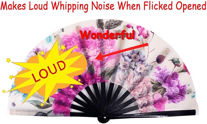 Amajiji Large Folding Hand Rave Fan Popping Fan for Line Dancing Clacking Fans for Boots On The Ground Dance,Party,Decoration,Festival (Peony Flower)