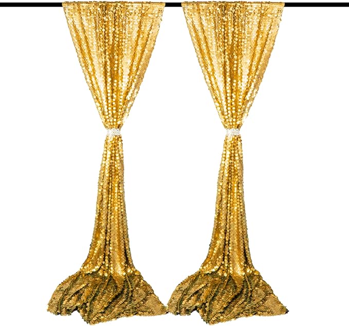 JYFLZQ Gold Payette Sequin Backdrop Curtains 4ft x 8ft 2 Panels Shimmer Wall Backdrop Big Sequin Background Thick Glitter Photo Booth Backdrops for Birthday Wedding Prom Parties