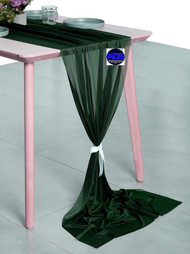 MDS 15 Pack 10ft Chiffon Table Runner 29 x 120 Inches Sheer Wedding Runner Romantic Rustic Table Runner for Wedding Decorations, Birthday Parties, Bridal Shower Party Arch Decor - Hunter Green