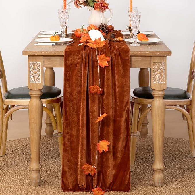 MLMC 2 Pack Terracotta Fall Thanksgiving Table Runner 10ft Luxury Burnt Orange Velvet Table Runner Fall Table Centerpiece 20x120 Inches for Wedding Bridal Shower Birthday Party Home Decor