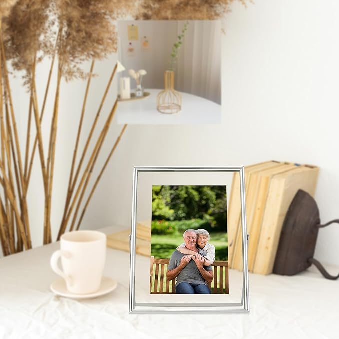 Silver Floating Frame (6"x8", Vertical), For Picture 5x7, 4x6, 3x5, Small Desktop Photo Frame, Classy Gift For Festival, Wedding, Home or Office Décor