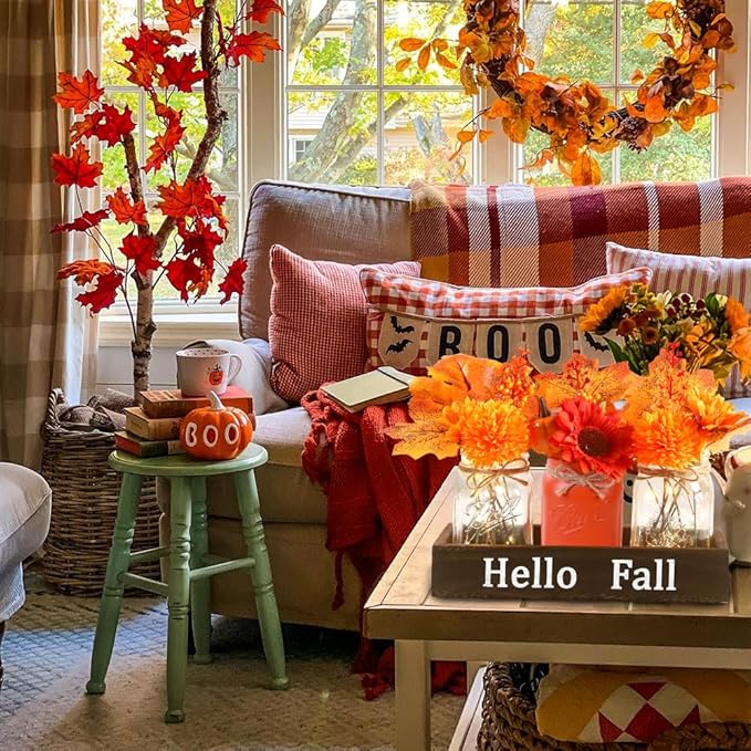 DIYDEC 3PCS Fall Mason Jars 3 * 5Inch Lighting Painted Thanksgiving Tiered Tray Decorative Jars with Wood Tray &Artificial Flowers Wishing Bottles for Autumn Holiday Home Table Centerpiece Decor Gift