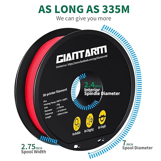 GIANTARM 3D Printer Filament, Red Pla Filament, 1Kg(2.2lbs) Spool, 1.75mm Dimension Accuracy +/- 0.03mm, 3D Printing Filament