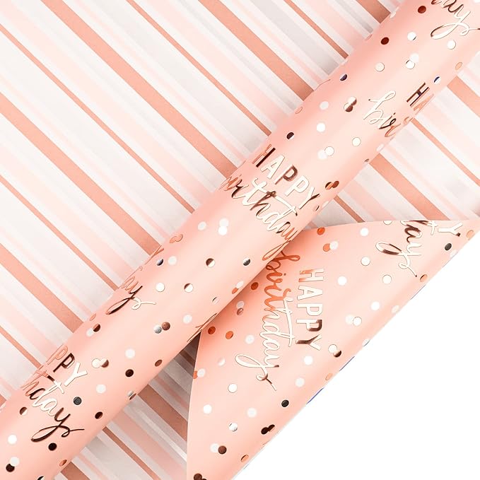 LeZakaa Reversible Pink Birthday Wrapping Paper Roll for Girls Women, Happy Birthday Lettering & Stripe Pattern with Metallic Foil in Pink, Large Roll, 30 inches x 32.8 Feet (92.9 sq.ft.)