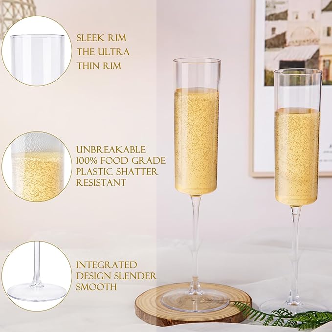 Ciaell 36 Pack Plastic Champagne Flutes - 6 Oz Disposable Champagne Glasses - Square Clear Plastic Toasting Glasses for Party Birthday Anniversary Wedding
