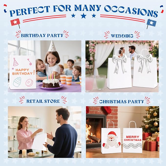 MESHA Gift Paper Bags 300 PACK 10X5X13 White Large Shopping Kraft Bags Bulk with Handles Reusable for Business Grocery Birthday Wedding Kids Party Favors(Made in USA)