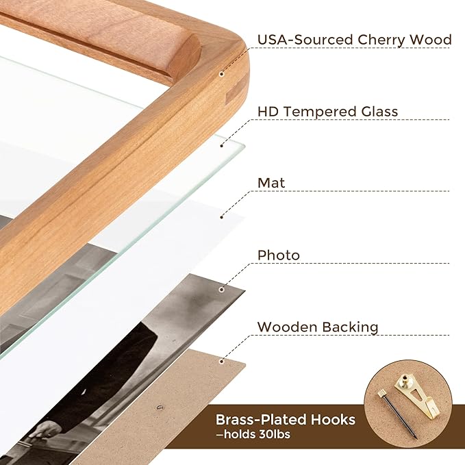 8x10 Picture Frame USA-Sourced Natural Cherry Wood Solid Original Wood Photo Frame Rounded Corner with Mat to 6x8 Picture Display with Real Glass Family Picture, Wedding Picture, Photo, Certificate