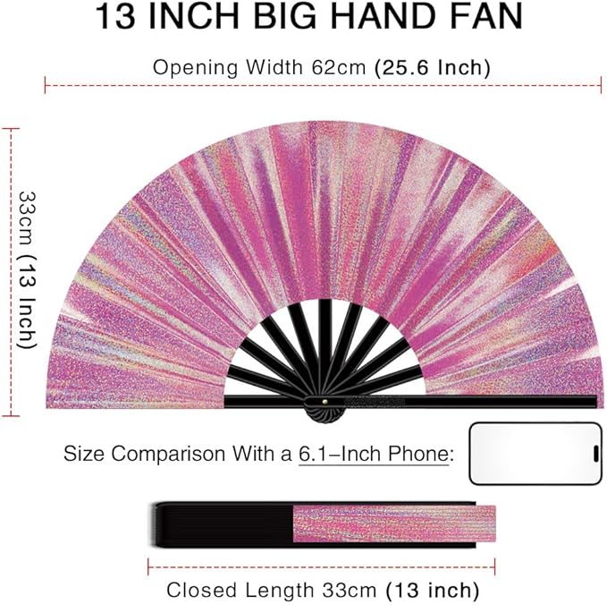13" Large Folding Rave Fan with Holster, Clack Hand Fans Foldable for Line Dancing, Boots On The Ground Fan for Women Men Festival EDM Party Decoration, Lridescent Pink 2 Pack