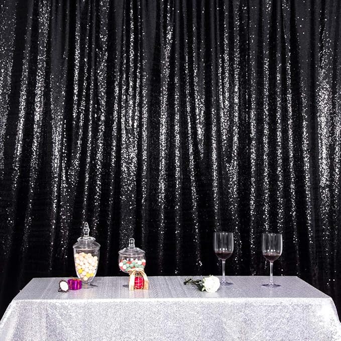 SquarePie Sequin Backdrop Less Transparent Background Sparkly Curtain for Wedding Halloween Party 8FT x 8FT Black