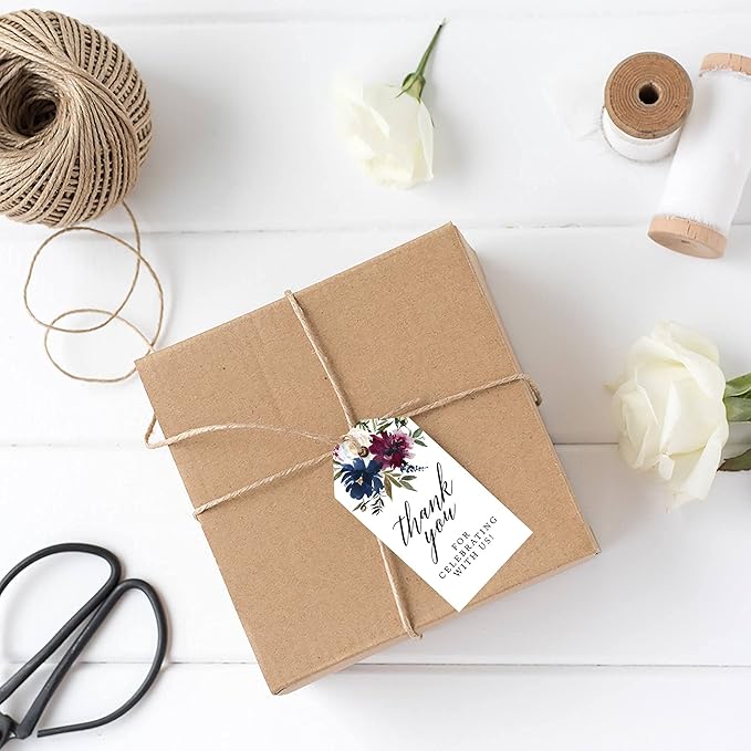 Andaz Press 100-Pack Thank You for Celebrating with Us Favor Tags Navy Blue Burgundy Florals Cardstock Gift Tags with Bakers Twine for Wedding Baby Shower Bridal Shower Party Favors 2 x 3.75-Inches
