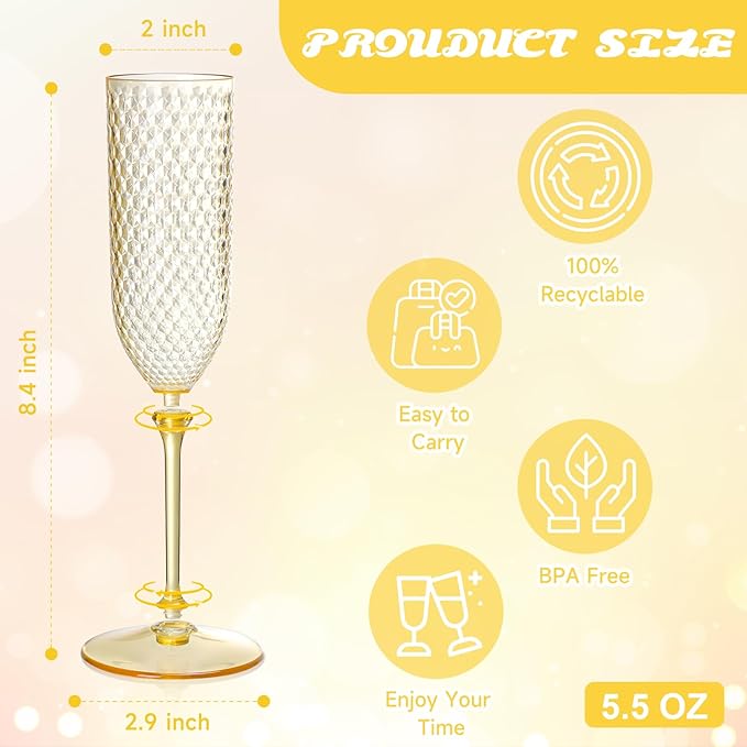 XUWAIDSGN 24 Pack Amber Detachable 2 piece Champagne Flutes 5.5 Oz Unbreakable Plastic Mimosa Disposable Champagne Glasses Drinking Cups Stemmed Reusable Wine Toasting Glasses for Wedding (24, Amber)