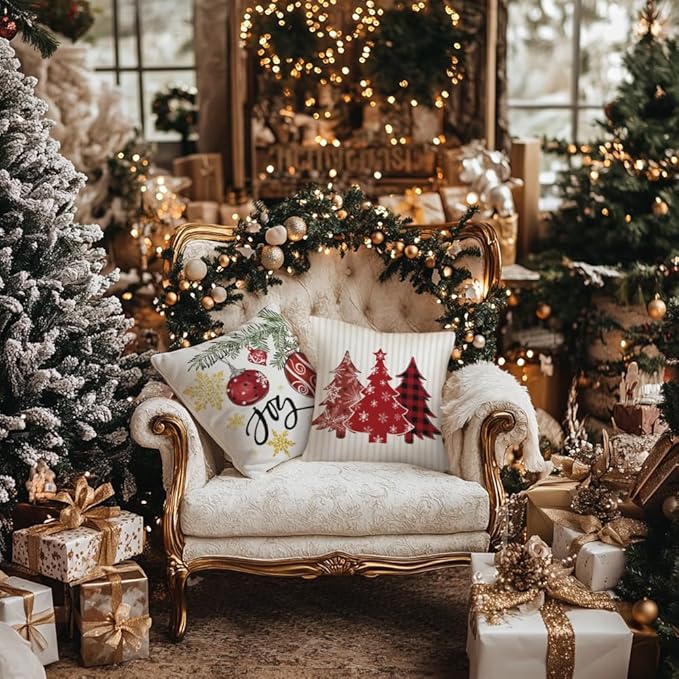 GEEORY Winter Christmas Throw Pillow Covers 18 x 18 Inch Set of 4, Xmas Trees Snowflake Snowman Joy Holiday Farmhouse Decorative Cushion Cases for Home Decoration G583-18