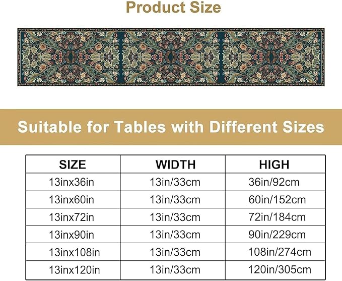 Green Morris Floral Table Runner, Boho Rustic Country Farmhouse Teal Red Rose Pattern for Home Kitchen Table Decor Dining Coffee Room Party Decor 13x90in