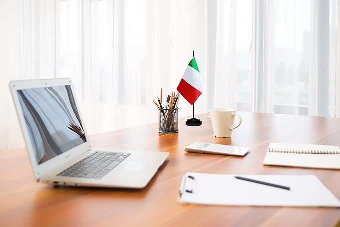 Italy Italian Deluxe Desk Flag Set Small Mini Miniature Italy Italian Table Desktop Flags With Solid Pole, Black Base and Spear Top(2 Pack)