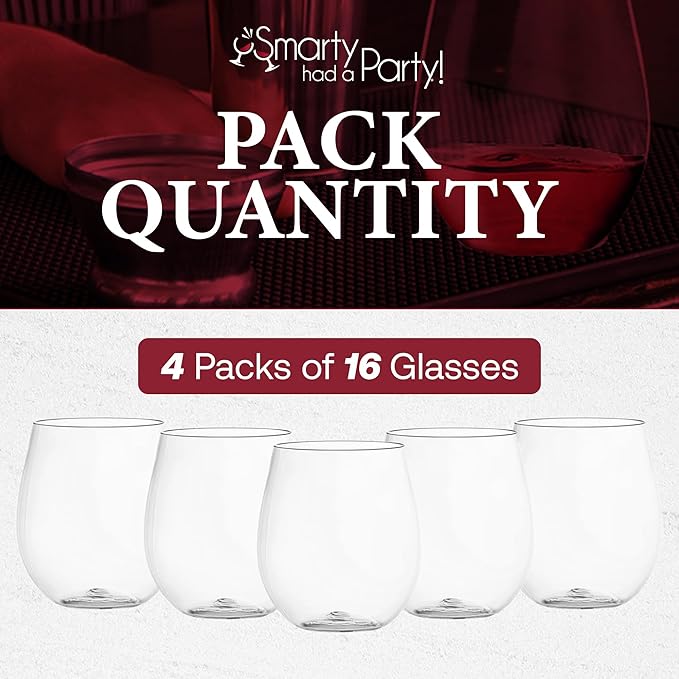 Smarty Had A Party 12 oz Clear Plastic Stemless Wine Glasses (64 Pieces) – Classy Disposable Stemless Cups, Unbreakable Drinkware – Plastic Spritz Glasses for Weddings & Parties; Wine Party Supplies