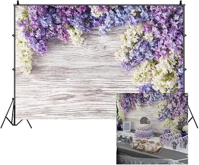 7x5ft Wooden Plank Photography Backdrops Purple Lilac Flowers Rustic Vintage Wood Wall Newborn Baby Shower Girls Adult Portrait Photo Background Kids Birthday Party Decor Photoshoot Studio Props
