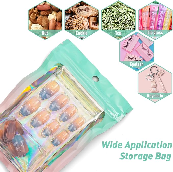 Funfery 100 Pack Gradient Holographic Bags,Mylar Resealable Bags with Zipper,Clear Window Packaging Pouchs,Smell Proof Foil Bag for Food Storage,Sample Jewelry Baggies(3×4.7In,Green Pink)