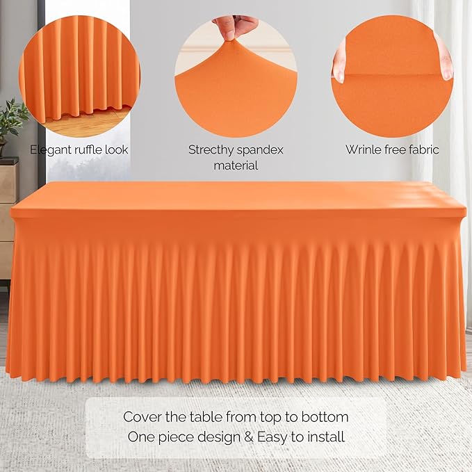 Wish Care 2 Pack Orange Spandex Table Clothes for 8 Foot Rectangle Tables, 8FT Wrinkle Free Fitted Tablecloths Ruffles Design Table Cover for Party, Banquet, Wedding and Events