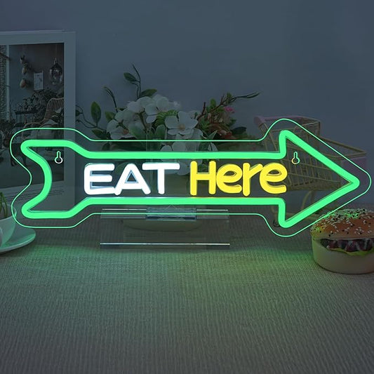 Looklight Eat Here Arrow Neon Sign Dimmale Neon Lights For Wall Decor Led Lights For Home Kitchen Restaurant Bar Party Decor USB Powered 16.6x5.5in
