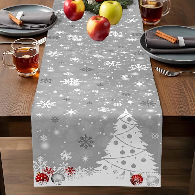 Christmas Snowflakes Cotton Linen Table Runner for Dining Kitchen, Xmas Tree Snow Winter Wedding Outdoor Party Tablerunners Decoration, Grey Balls Dresser Scarf Coffee Tablecloth Runners 13x36 Inches