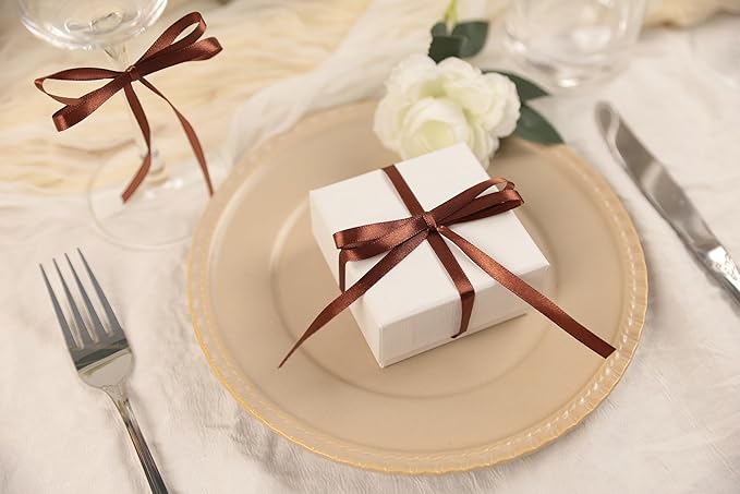 Coffee Brown Satin Ribbon 1/4 inch X Continuous 25 Yards, Single Face Polyester Ribbon Perfect for Gift Wrapping, Flower Bouquet, Wedding Decor, Crafts, Bow Making, Sewing and More
