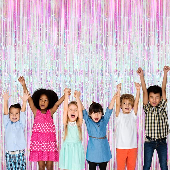 GOER 3.2 ft x 9.8 ft Metallic Tinsel Foil Fringe Curtains Party Photo Backdrop Party Streamers for Birthday,Graduation,New Year Eve Decorations Wedding Decor (4 Packs,Iridescent)