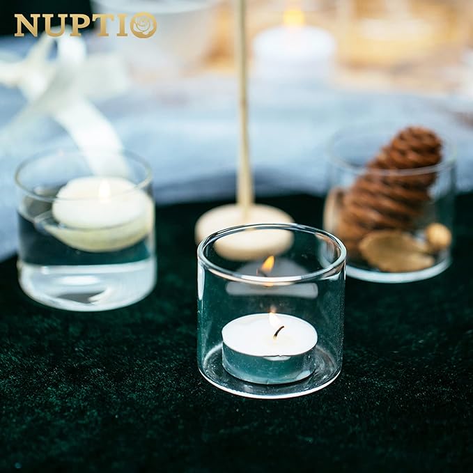 NUPTIO Clear Tealight Candle Holders: Set of 24 Glass Votive Holders Bulk - Small Floating Candleholder for Wedding Birthday Holiday Table Centerpieces Decoration (2.24 x 1.97 inch)