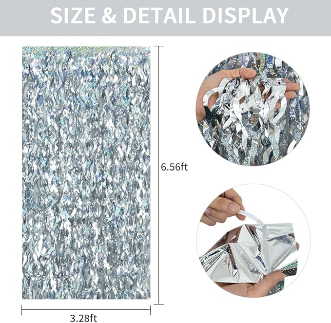 TONIFUL 3Pcs Wavy Metallic Tinsel Foil Fringe Curtains Silver Streamer Backdrop for Photo Booth Props,Party Door Wall Curtain,Bachelorette,Birthday,Anniversary,Bridal Shower Decor (9.9ft x 6.6ft)
