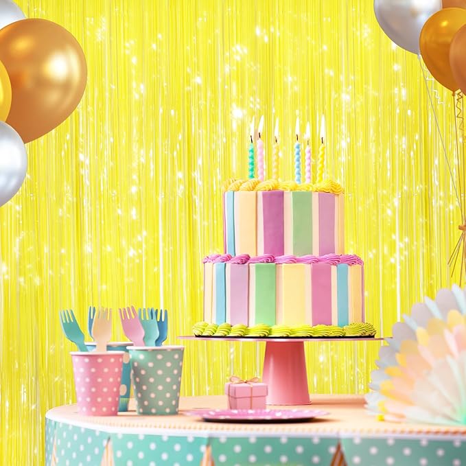 2 Pack Yellow Metallic Tinsel Foil Fringe Curtains, Door Streamers Photo Booth Backdrop for Birthday Party, Tinsel Curtain Backdrop for Baby Shower Bachelorette Christmas Party Decorations