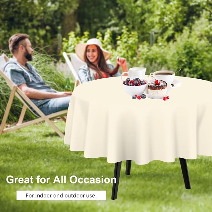 QIKSION Ivory Round Tablecloth 3 Pack, 84 Inch Plastic Table Cover Disposable for Parties