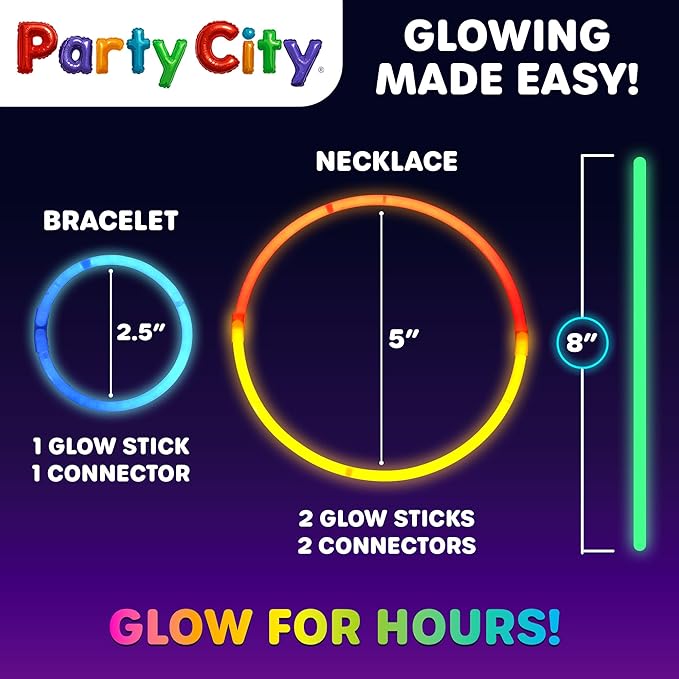 Party City 100 Glow Sticks Bulk Party Pack 8”– Neon Glow in the Dark Party Supplies, Glowsticks with Connectors Bracelets & Necklaces, Light Up Favors for Kids, Adults, Birthdays, Parties, Decorations