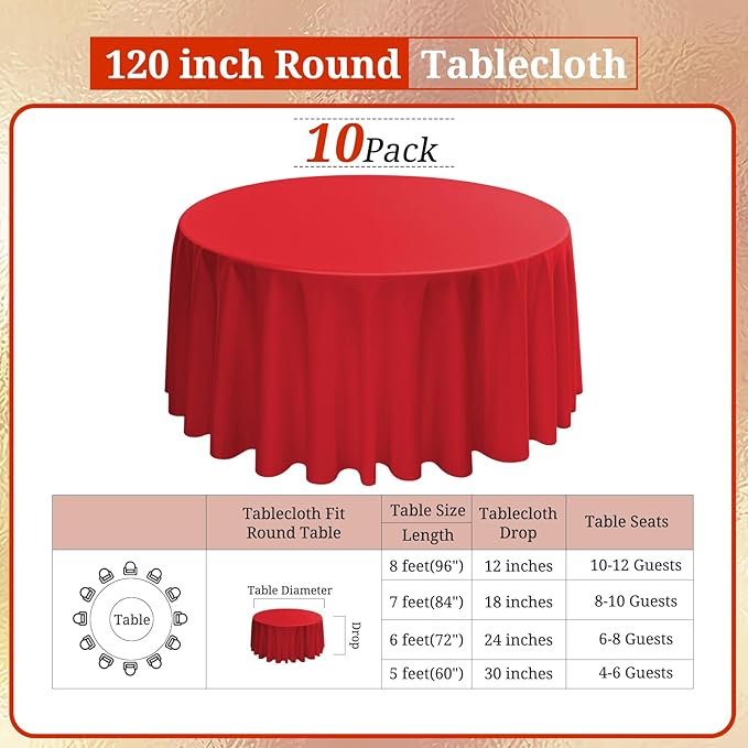 10 Pack Round Tablecloths - 120 Inch Red Polyester Cover for Round Tables, Stain and Wrinkle Resistant Washable Fabric Cloth for Wedding Banquet Parties