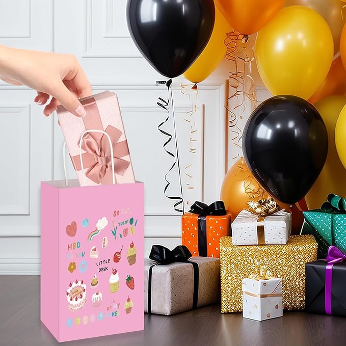 Toovip 50 Pack 5.25x3.25x8.25 Inch Small Light Pink Kraft Paper Bags with Handles Bulk, Gift Wrap Bags for Favors Grocery Retail Party Birthday Shopping Business Goody Craft Merchandise Take Out Sacks