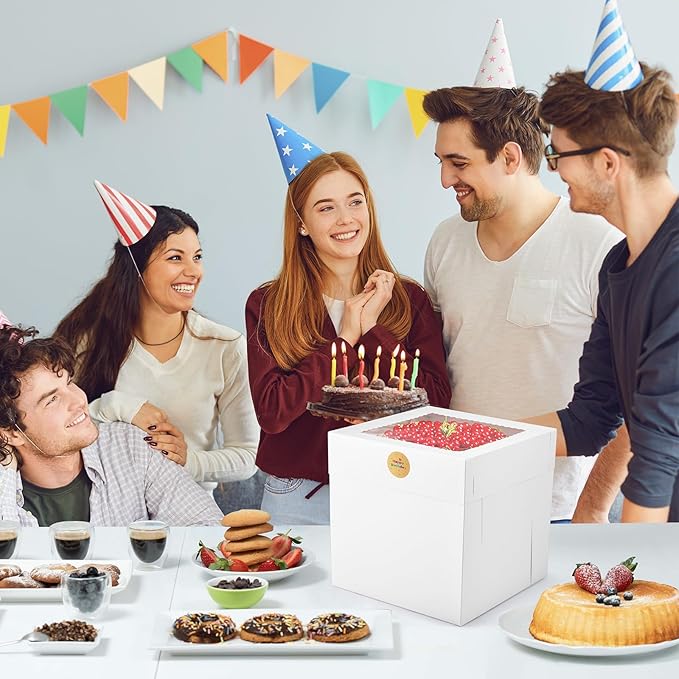 12Pcs Cake Boxes, 12x12x12 Inches Tall Cake Boxes with Window, White Square Disposable Cake Carrier Container for Multi-Layer Cakes Birthday Party Wedding Bakery Boxes