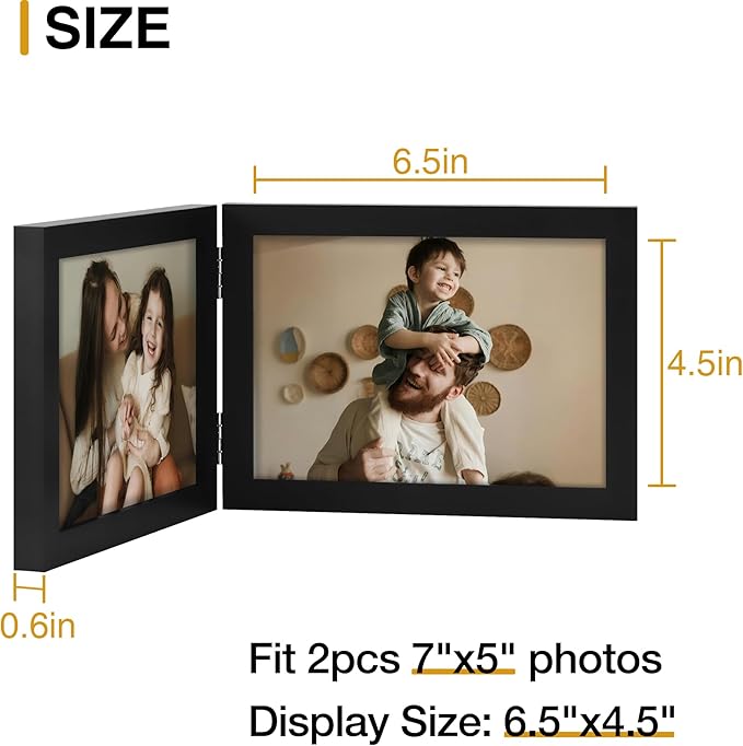 decorUhome Double 7x5 Picture Frame Vertical, Engineered Wood Bifold Photo Frame with Plexiglass for Tabletop Display, 7x5, Black