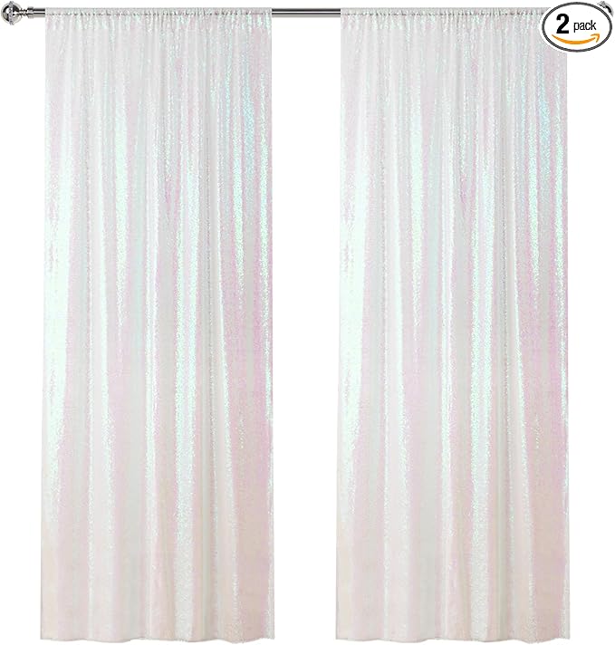 Sugargirl White Iridescent Sequin Backdrop Curtain 2 Panels 2FTx8FT Glitter White Iridescent Background Drapes Sparkle Photography Backdrop for Party Wedding Birthday Wall Decoration
