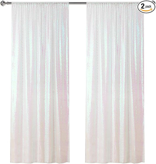 Sugargirl White Iridescent Sequin Backdrop Curtain 2 Panels 2FTx8FT Glitter White Iridescent Background Drapes Sparkle Photography Backdrop for Party Wedding Birthday Wall Decoration