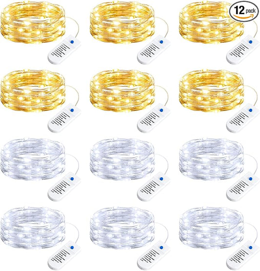Minetom 12 Pack Fairy Lights Battery Operated String Lights, 8 Modes & Timer, 7ft 20LED Waterproof Silver Wire Twinkle Lights, Firefly Starry Moon Lights for Mason Jars DIY Christmas Wedding